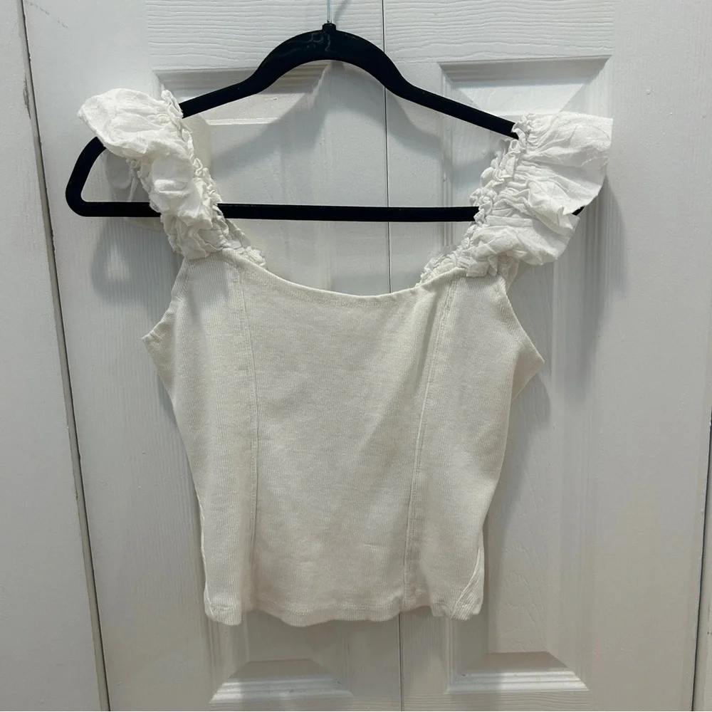 Anthropologie Cream Ruffled Ribbed Tank - Picture 1 of 4